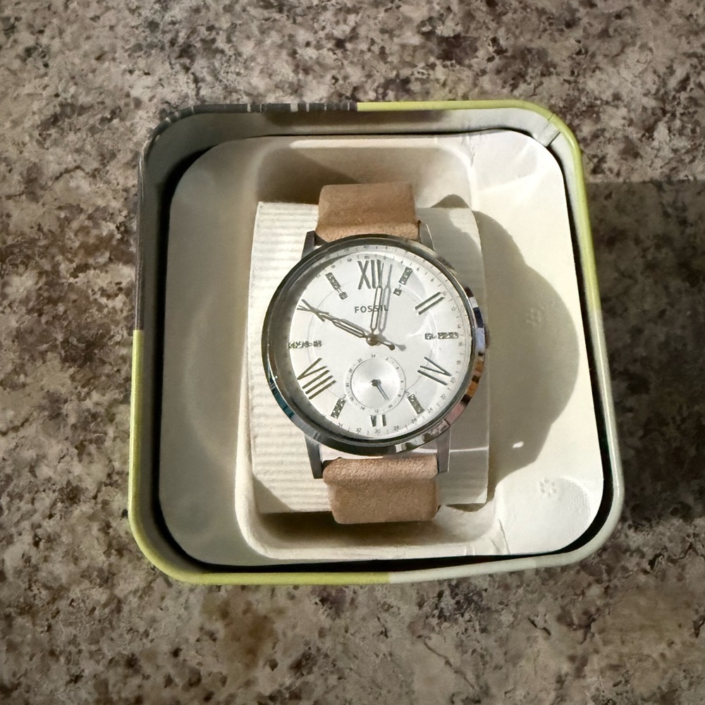 Fossil Silver Watch with Tan Leather Strap